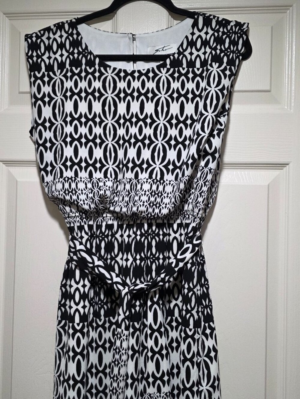 Soho Black White Geometric Print Sleeveless Belted Dress PM